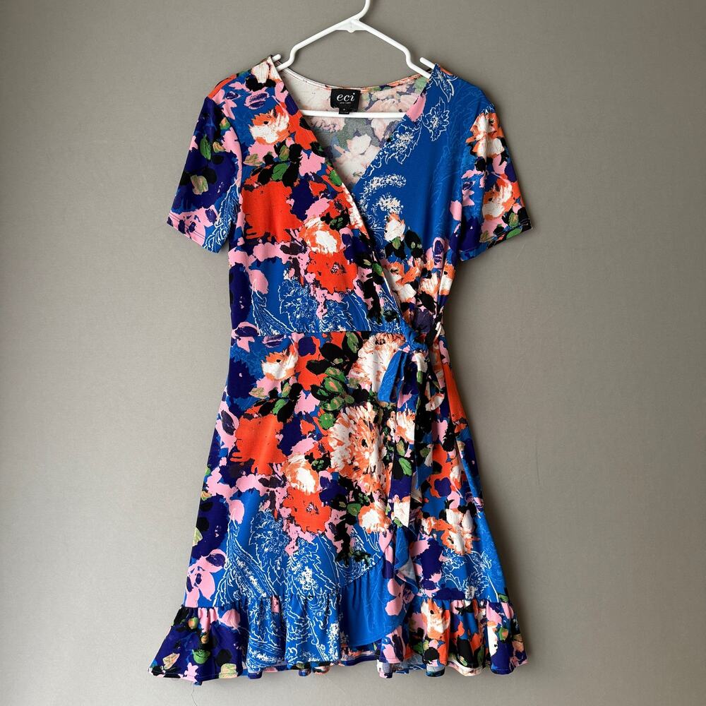 ECI Floral Boho Beachy Relaxed Quirky Ruffle Faux Wrap Dress S Blue Multi